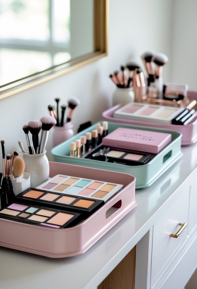 Painted metal serving trays arranged on a table holding various makeup palettes and brushes.
