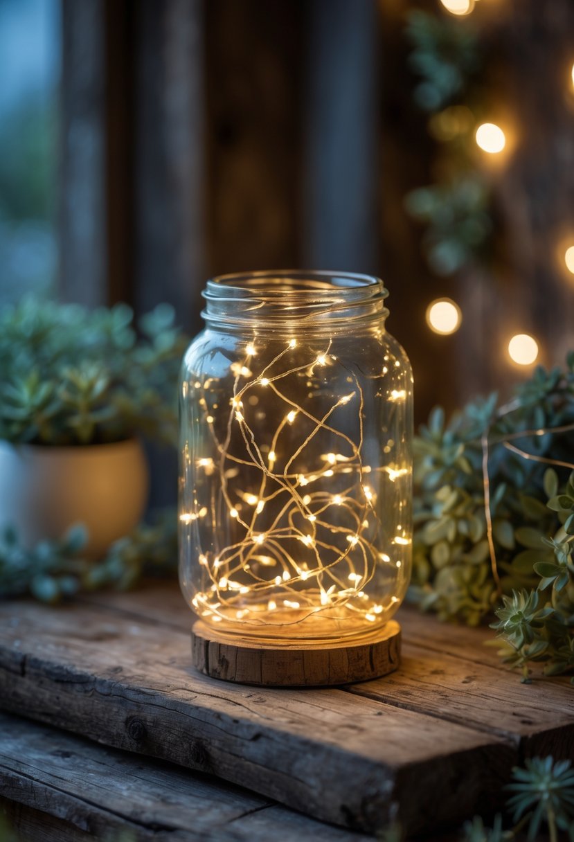 A glowing lantern made from a glass jar filled with fairy lights placed on a wooden surface surrounded by small plants.