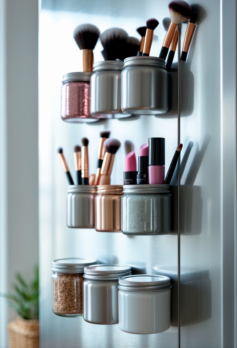 Magnetic makeup holders made from containers mounted on a metal surface holding various makeup items.