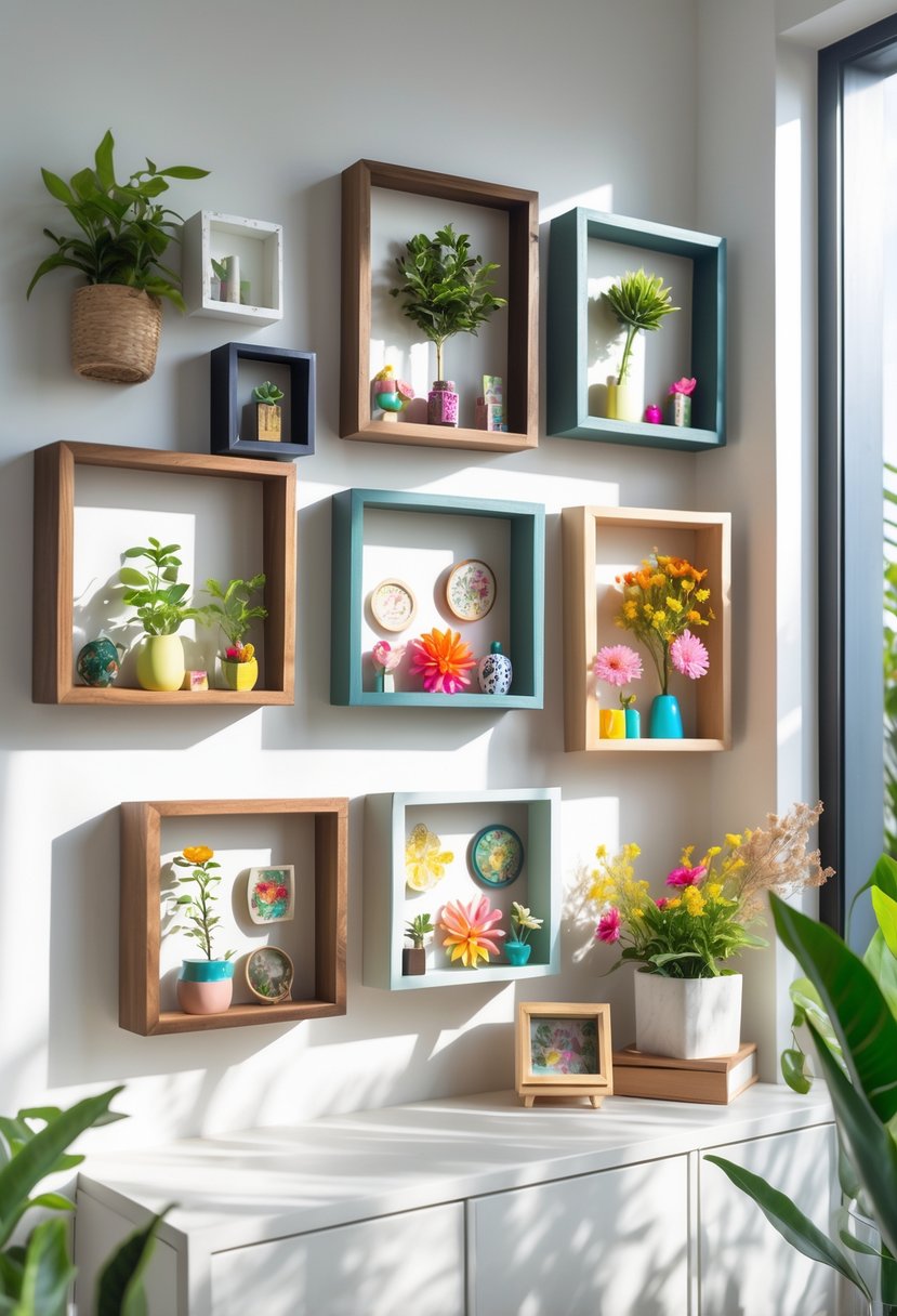 A collection of shadow box frames displaying various upcycled crafts arranged on a wall and shelves in a bright room.
