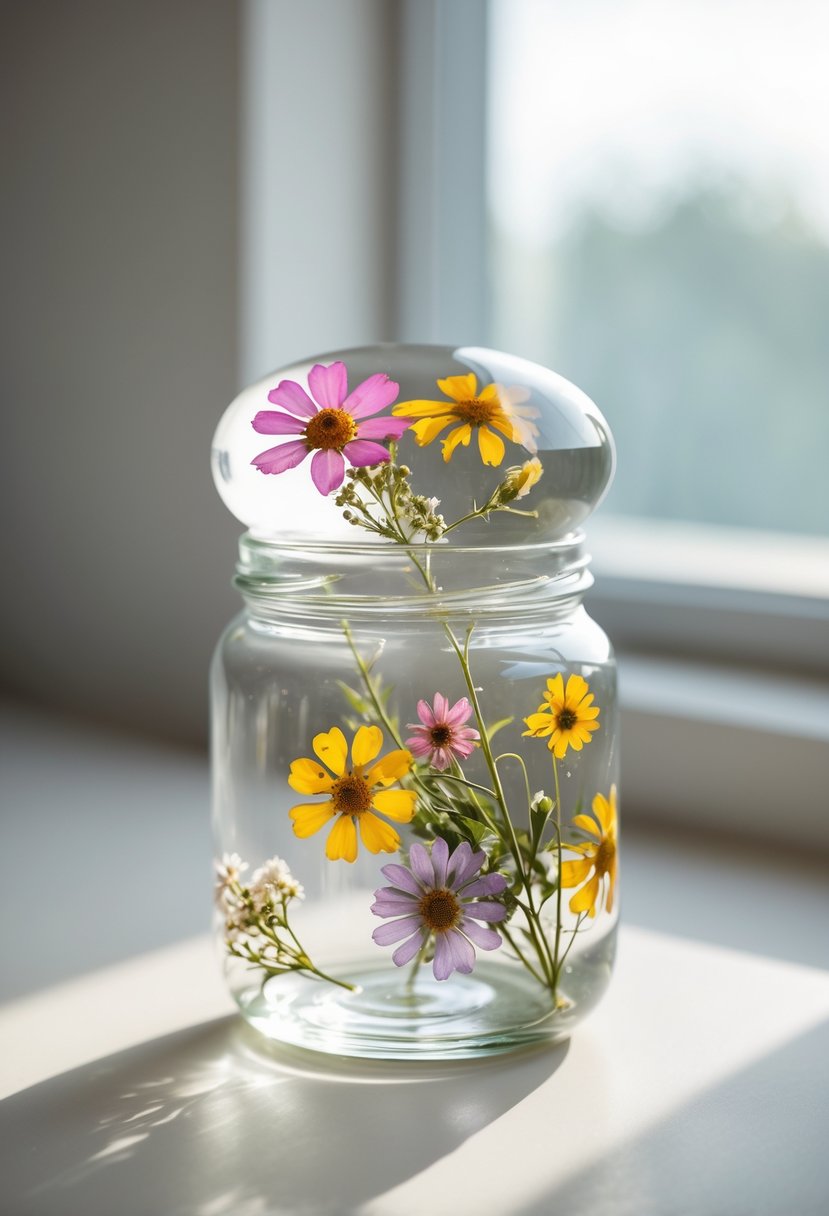 A glass jar vase with a clear resin lid containing pressed flowers, placed on a neutral surface with soft lighting.