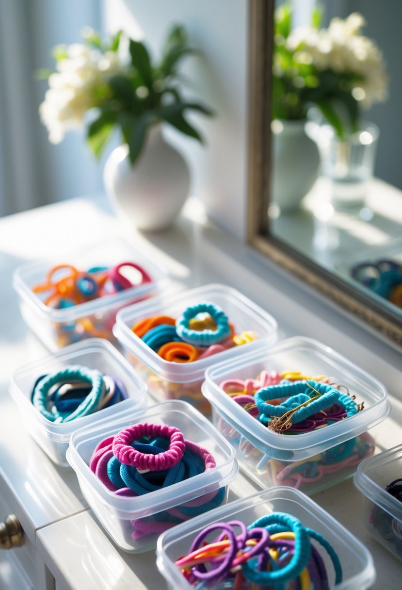 Cleaned Tupperware containers used to organize and separate hair accessories like hair ties, scrunchies, and clips on a tidy countertop.