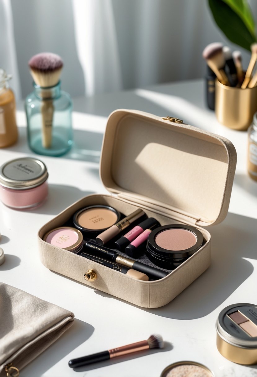 An open vintage eyeglass case used as a compact makeup organizer with various makeup items neatly arranged inside on a white surface.