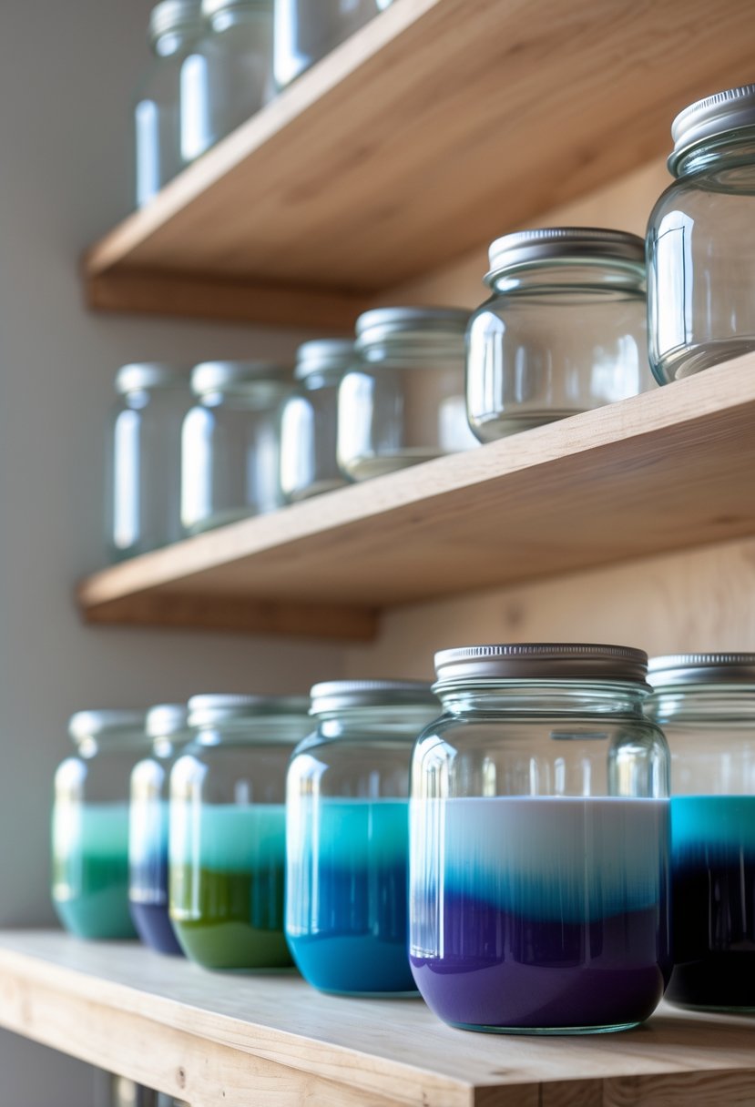 A group of painted glass storage jars with ombre color effects arranged on a wooden shelf.