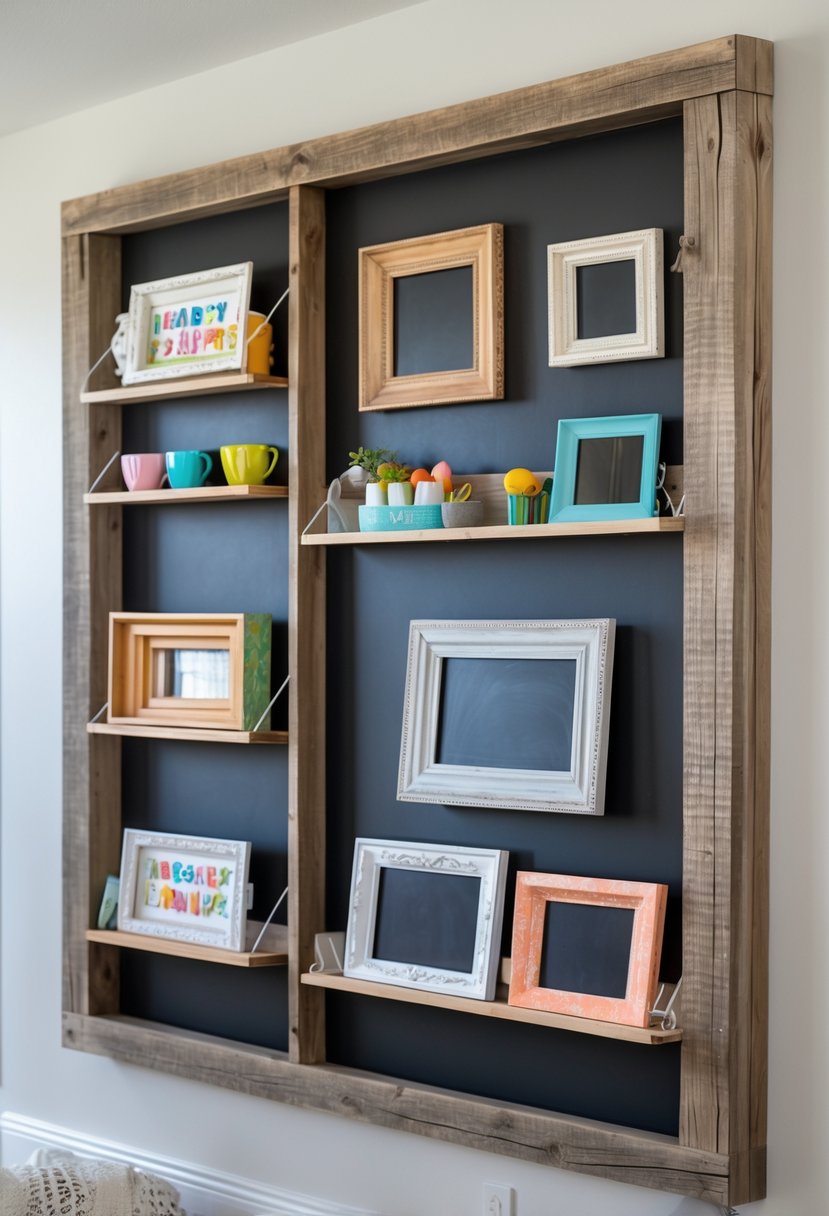 A chalkboard framed wall organizer with multiple compartments displaying various upcycled frame crafts on shelves against a clean wall.