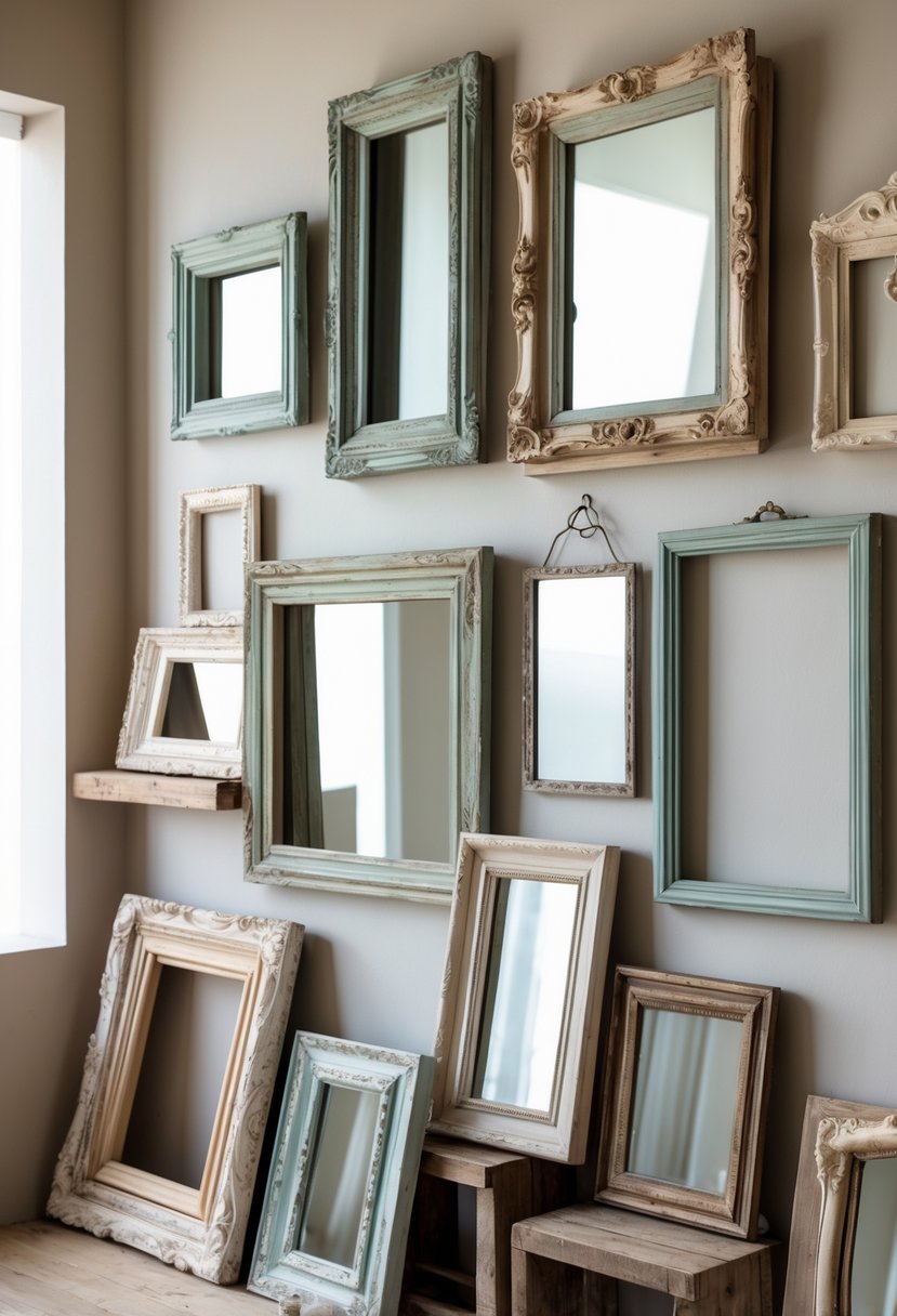 A collection of vintage upcycled picture frames and mirrors displayed on a wall and shelves.