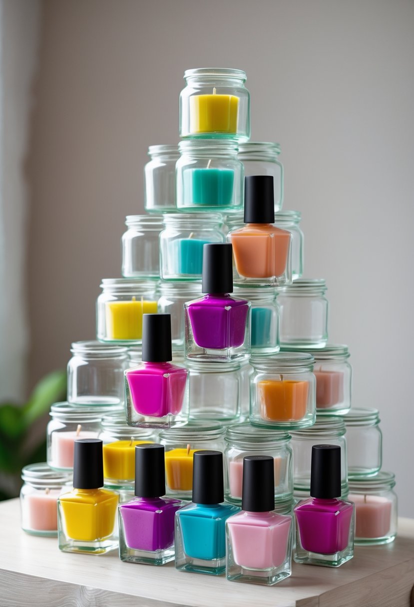 A pyramid of empty glass candle jars used to store colorful nail polish bottles on a wooden surface.