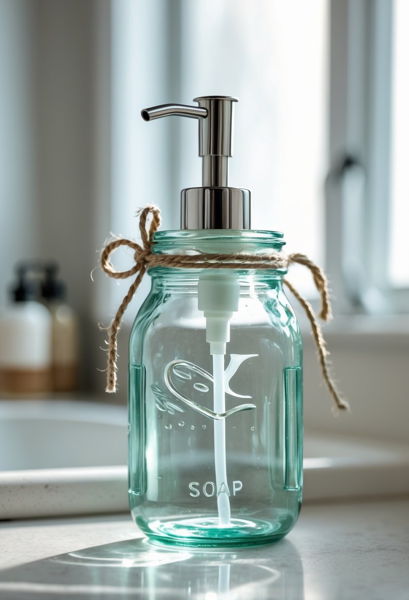 A clear glass jar soap dispenser with a silver pump lid on a light countertop in a softly lit bathroom or kitchen setting.