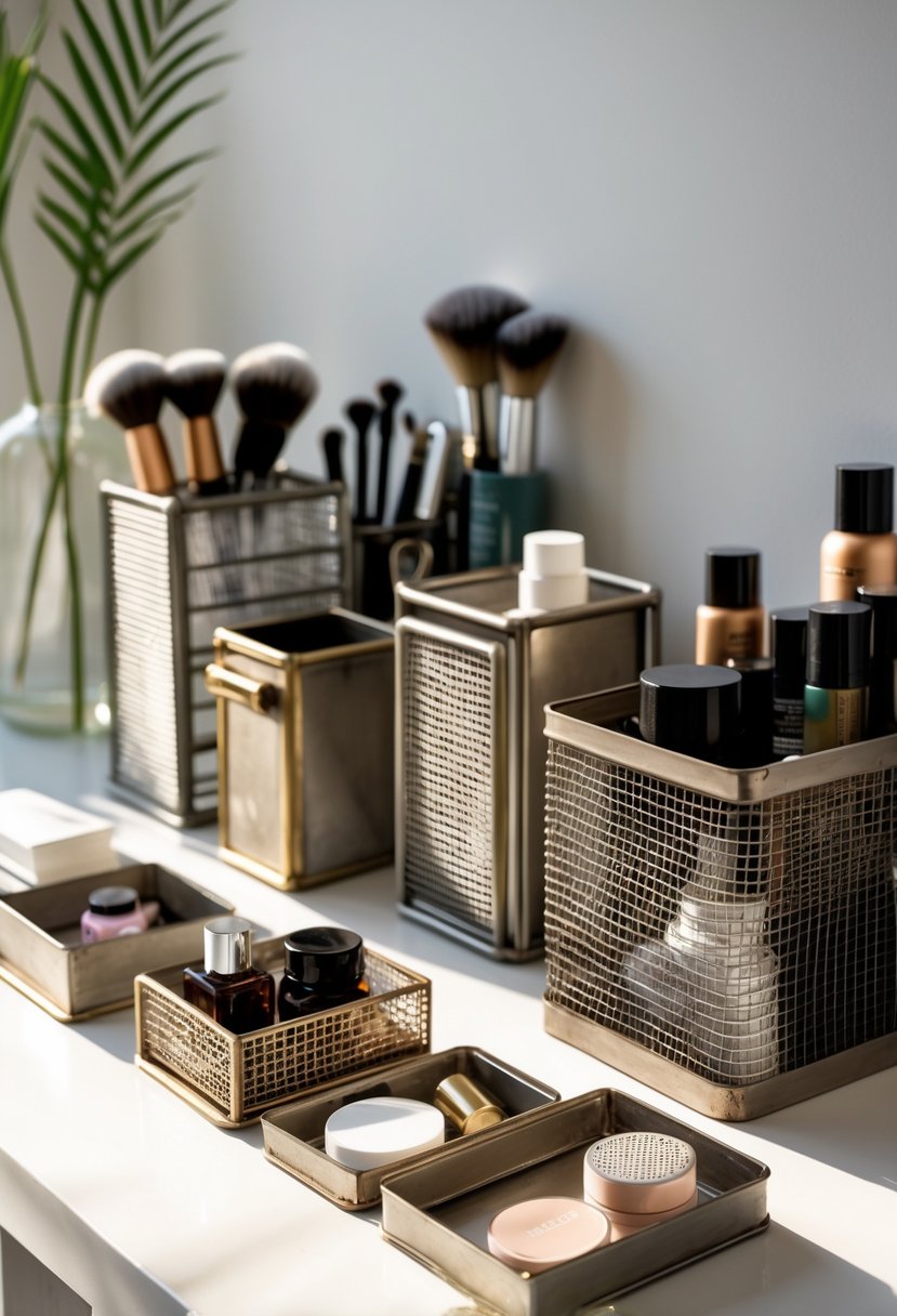 Decorative beauty storage organizers made from upcycled metal pieces holding makeup brushes and bottles on a clean surface.