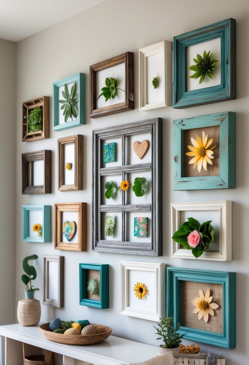 A collage frame displaying 15 different upcycled decorative frames arranged on a wall and shelf.