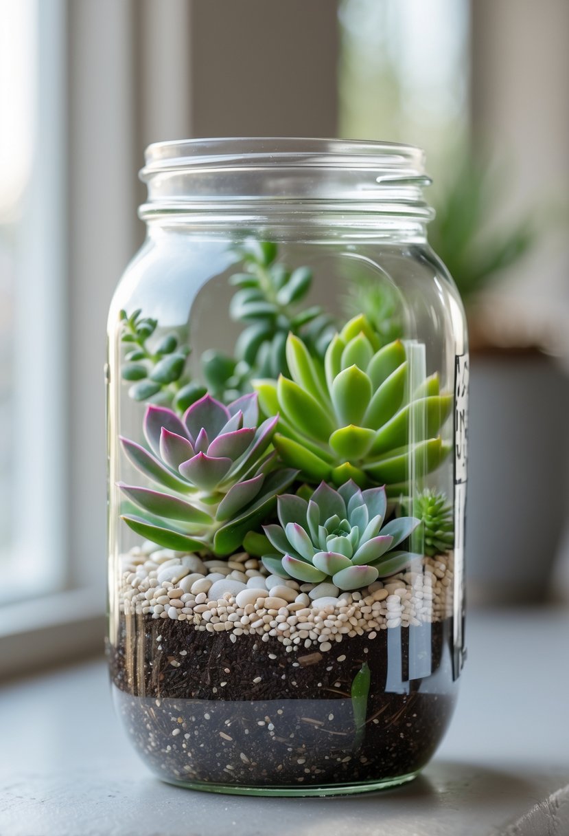 A mason jar terrarium containing various succulents placed on a neutral surface with a blurred background.