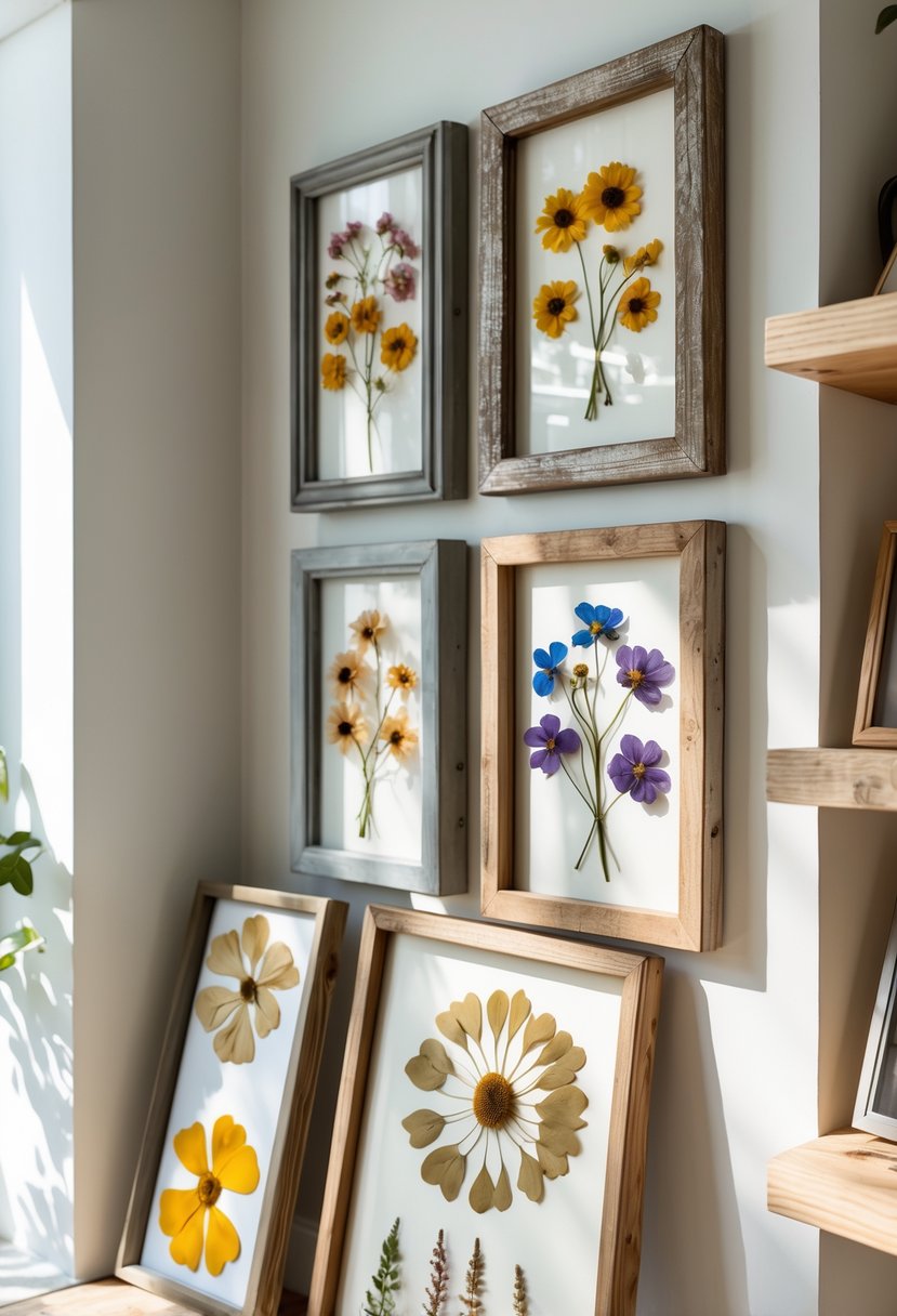 A collection of framed pressed flower art displayed on a wall and shelves with natural light highlighting the flowers and frames.