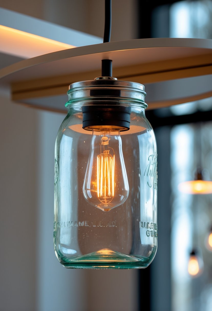 A jar-shaped pendant light made from a clear glass jar hanging from the ceiling with a glowing bulb inside.