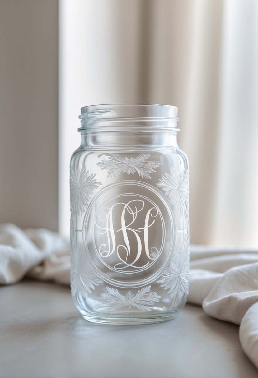 An etched glass jar with a monogram design on a neutral surface with soft lighting.