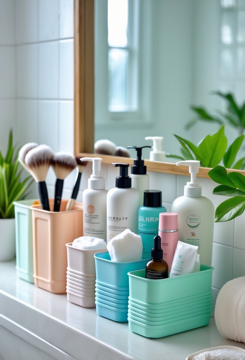 Bathroom countertop with various recycled plastic containers holding daily beauty essentials like makeup brushes, skincare bottles, and cotton pads.