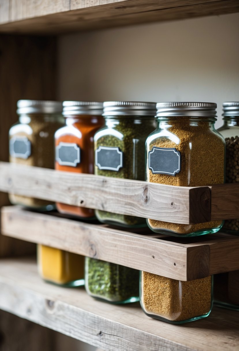 A spice rack made of clear glass jars filled with various colorful spices on a wooden shelf.