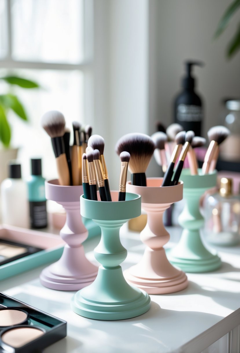 Several spray-painted jewelry stands used as holders for makeup brushes on a clean surface in a well-lit room.
