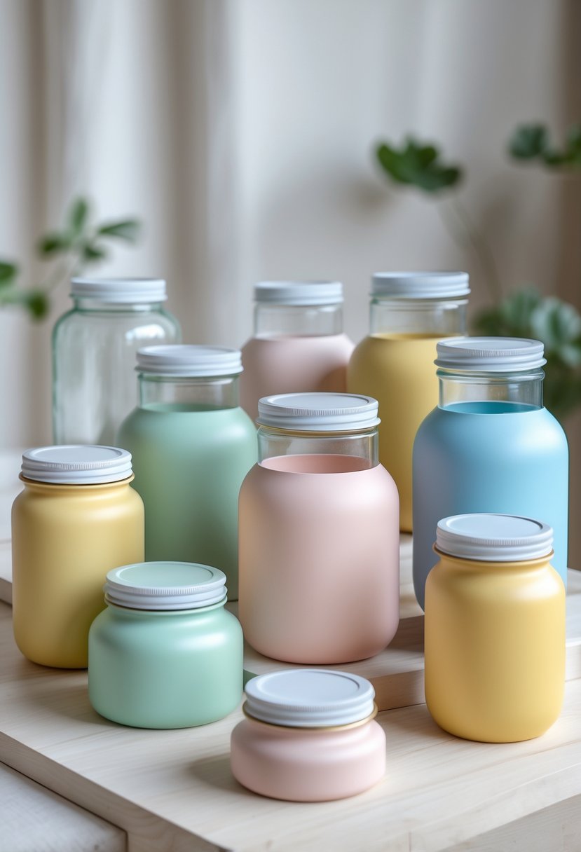 A set of color-blocked painted glass jars arranged on a wooden surface.