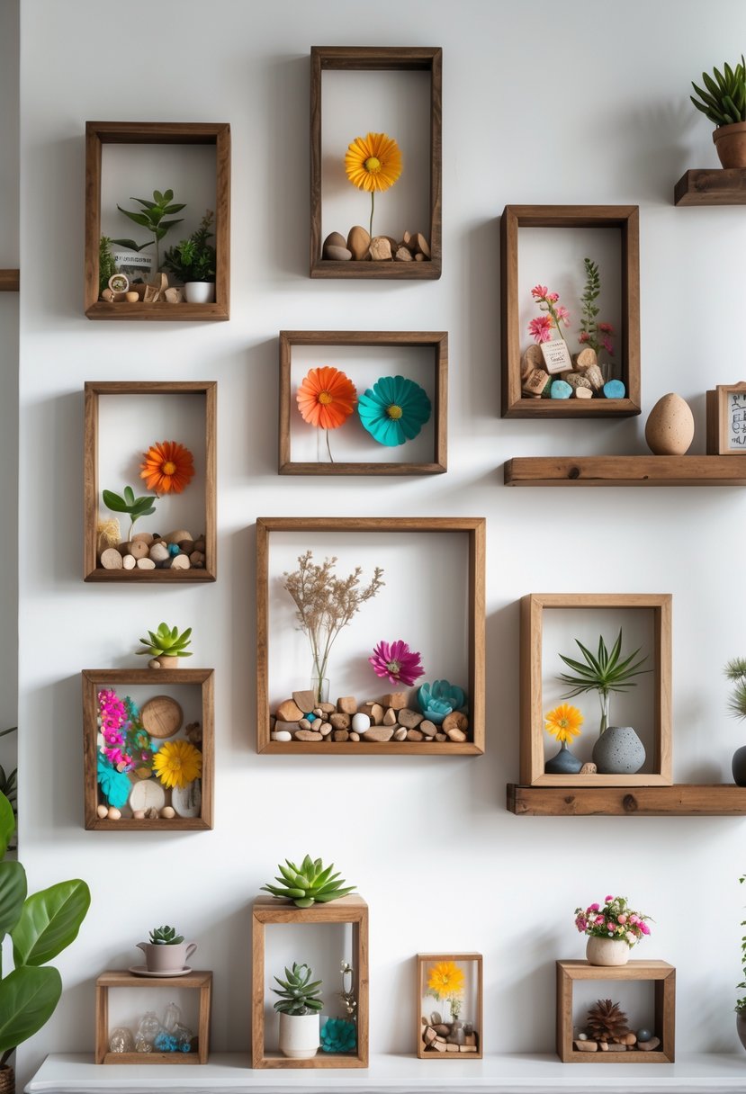 A collection of floating shadow box frames with decorative items displayed on a white wall and shelves.