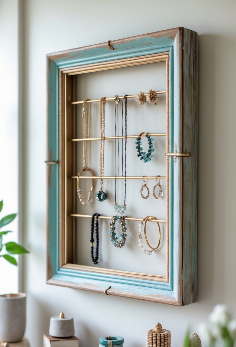 An upcycled vintage picture frame repurposed as a jewelry holder displaying necklaces, bracelets, earrings, and rings on a wall with small decorative craft items on nearby shelves.