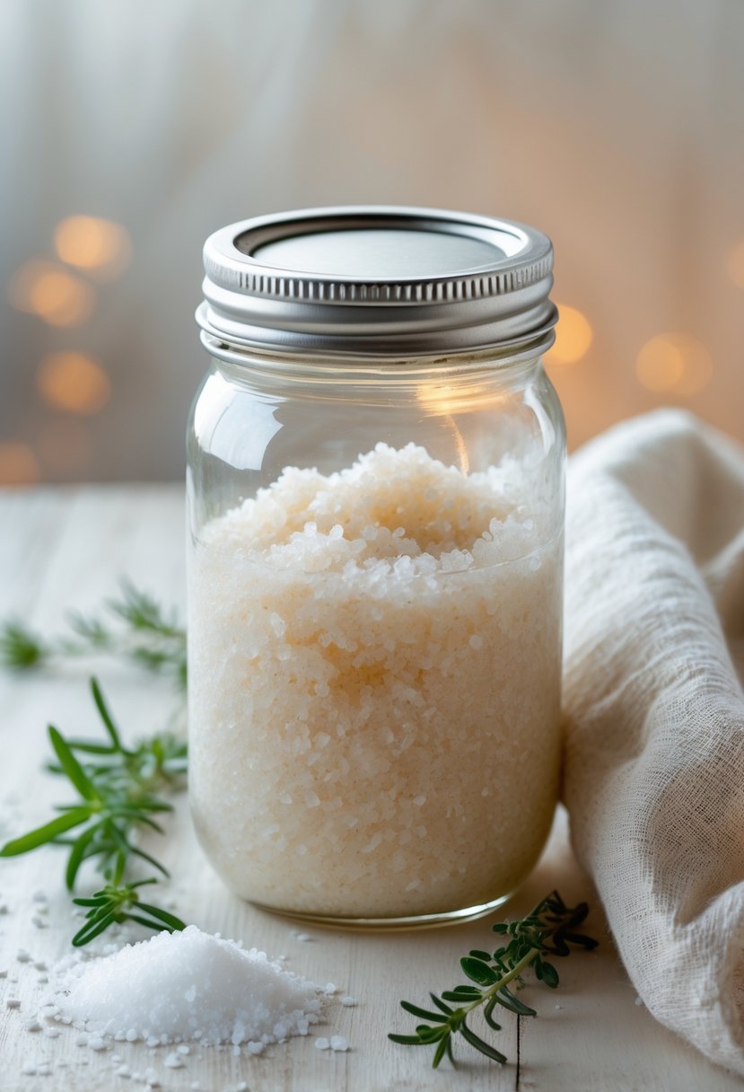 A clear upcycled glass jar filled with salt or sugar scrub on a wooden surface, surrounded by salt crystals, herbs, and a linen cloth.