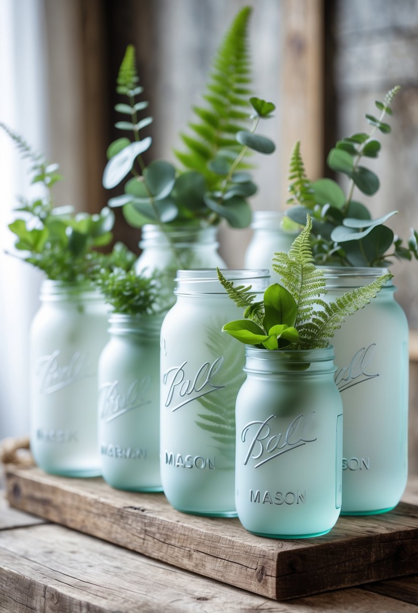 Frosted glass jars filled with green plants arranged on a wooden surface.