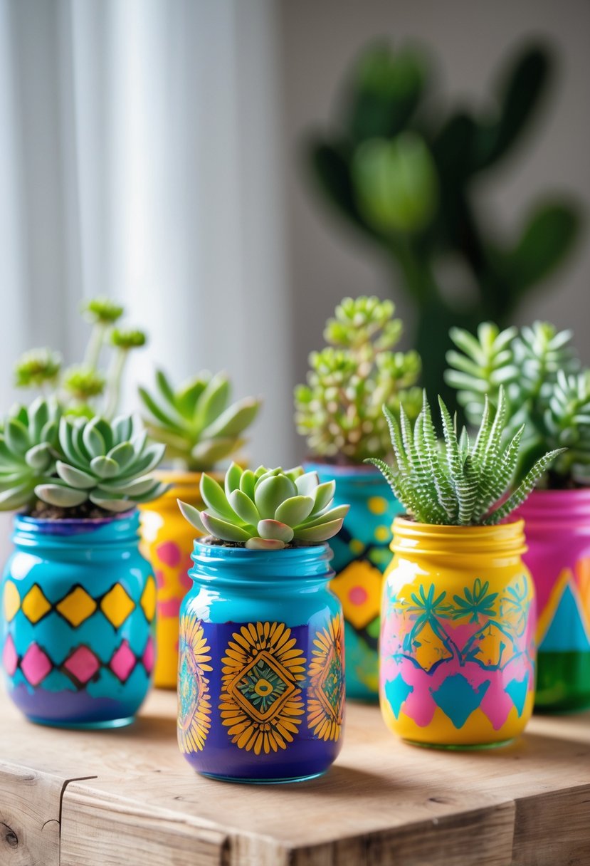 A group of colorful painted candle jars repurposed as succulent planters arranged on a wooden surface.