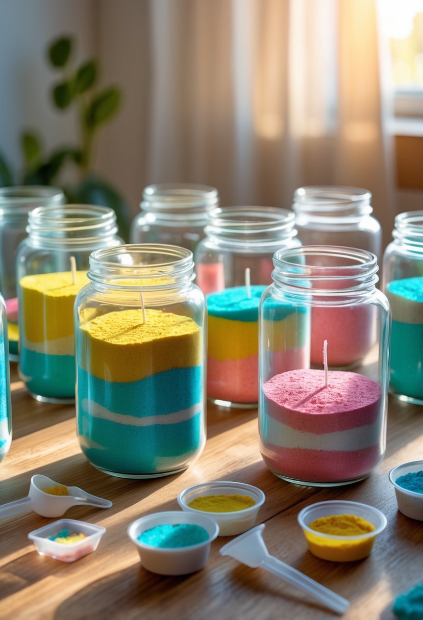 A collection of colorful layered sand art jars made from upcycled candle jars arranged on a wooden table with crafting tools nearby.