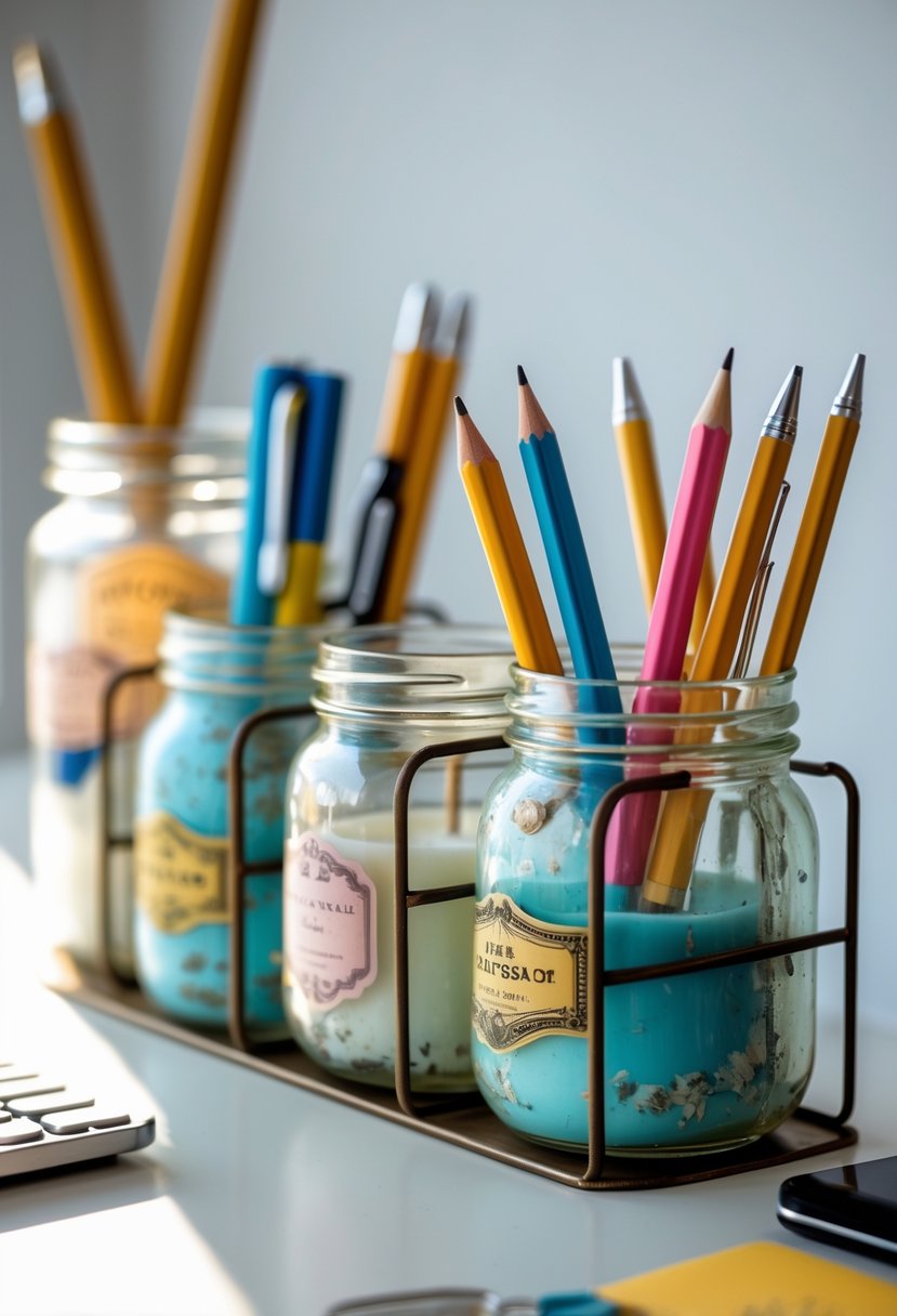 A desk organizer made from upcycled candle jars holding pens and paper clips on a clean desk.