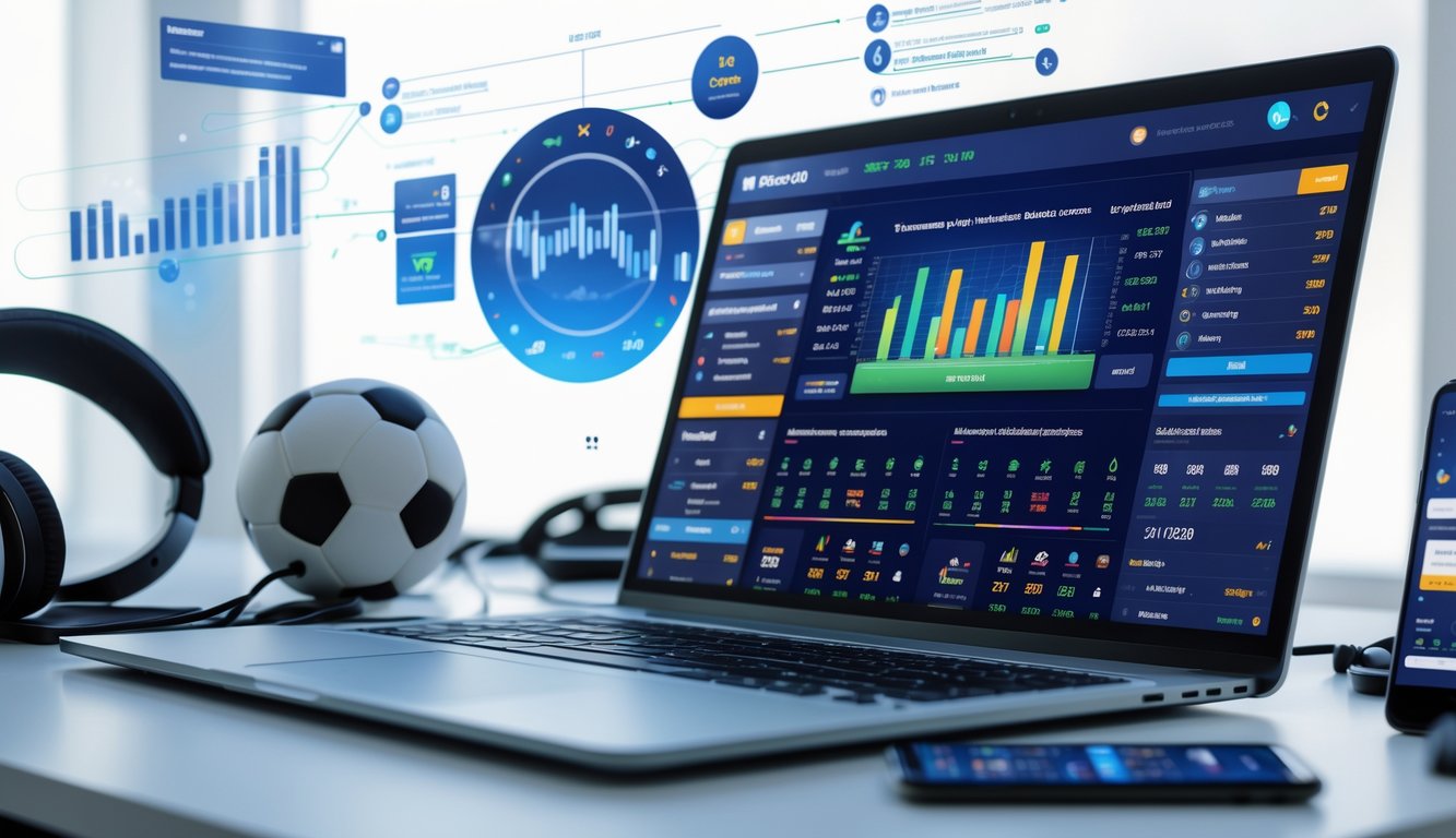 Seorang pengguna bekerja dengan laptop yang menampilkan antarmuka taruhan sepak bola online lengkap, dikelilingi oleh bola sepak dan perangkat digital di meja kerja.