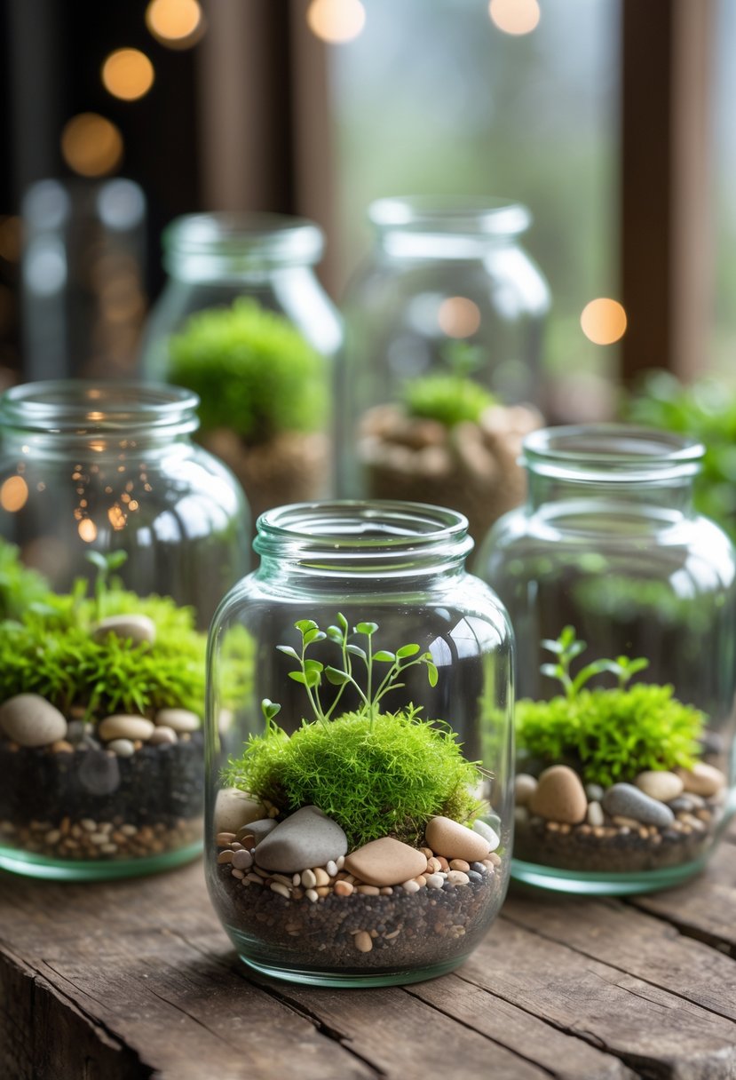 Mini terrariums with moss and stones arranged inside clear upcycled candle jars on a wooden surface.