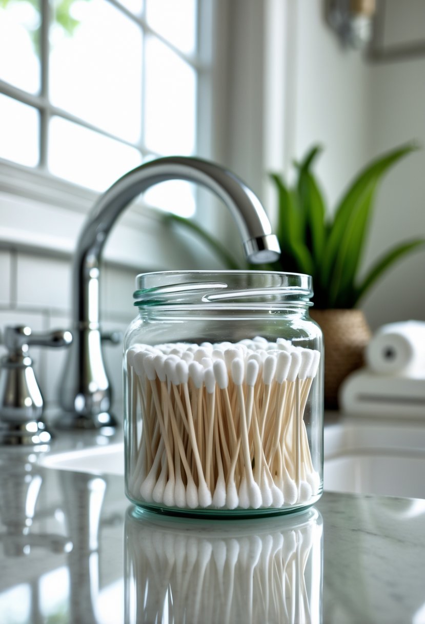 A bathroom countertop with a cotton swab holder made from an upcycled candle jar filled with white cotton swabs, next to a sink and a small plant.