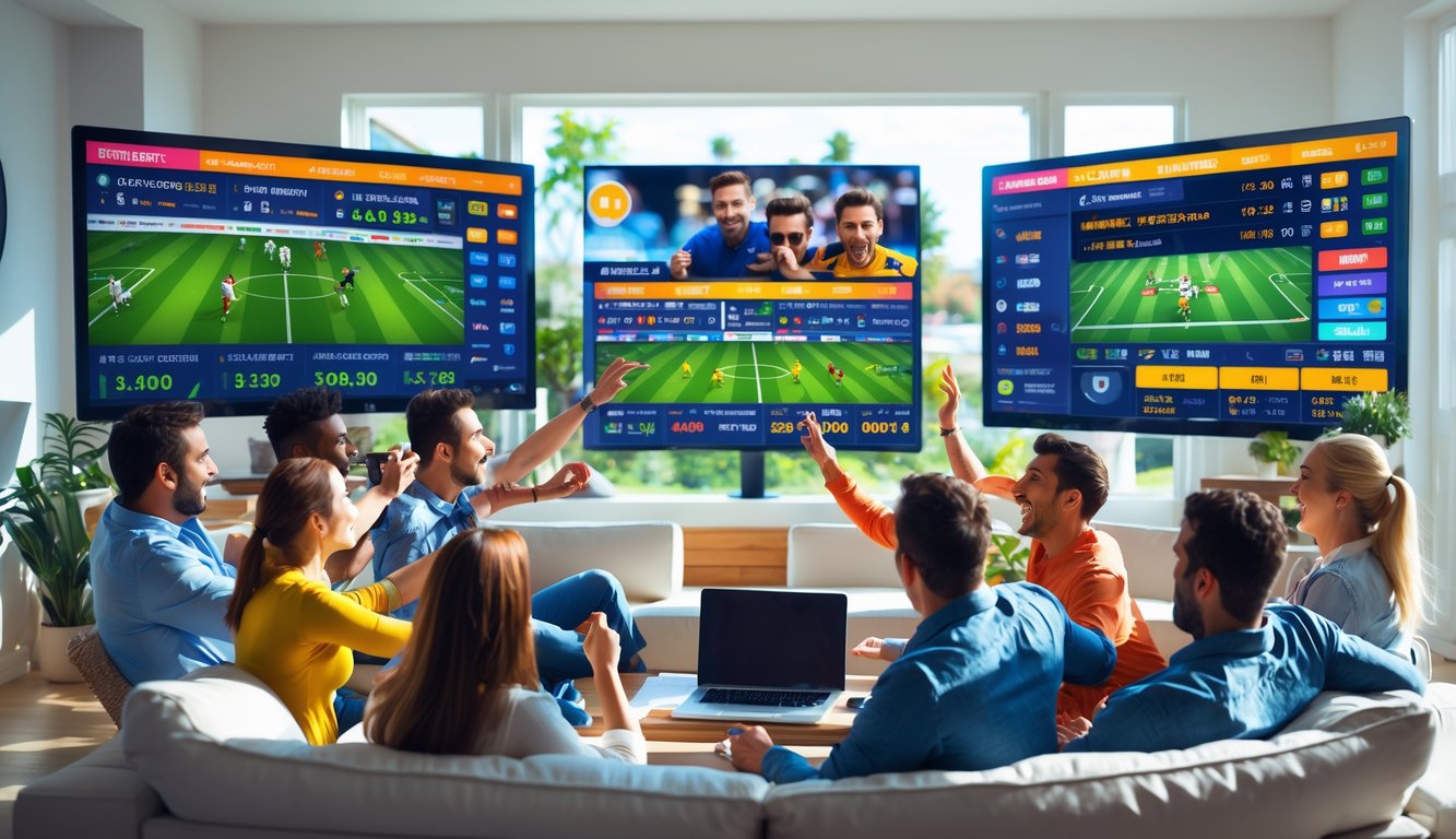 Sekelompok orang menonton pertandingan olahraga secara langsung di layar besar sambil menggunakan perangkat untuk bertaruh online.