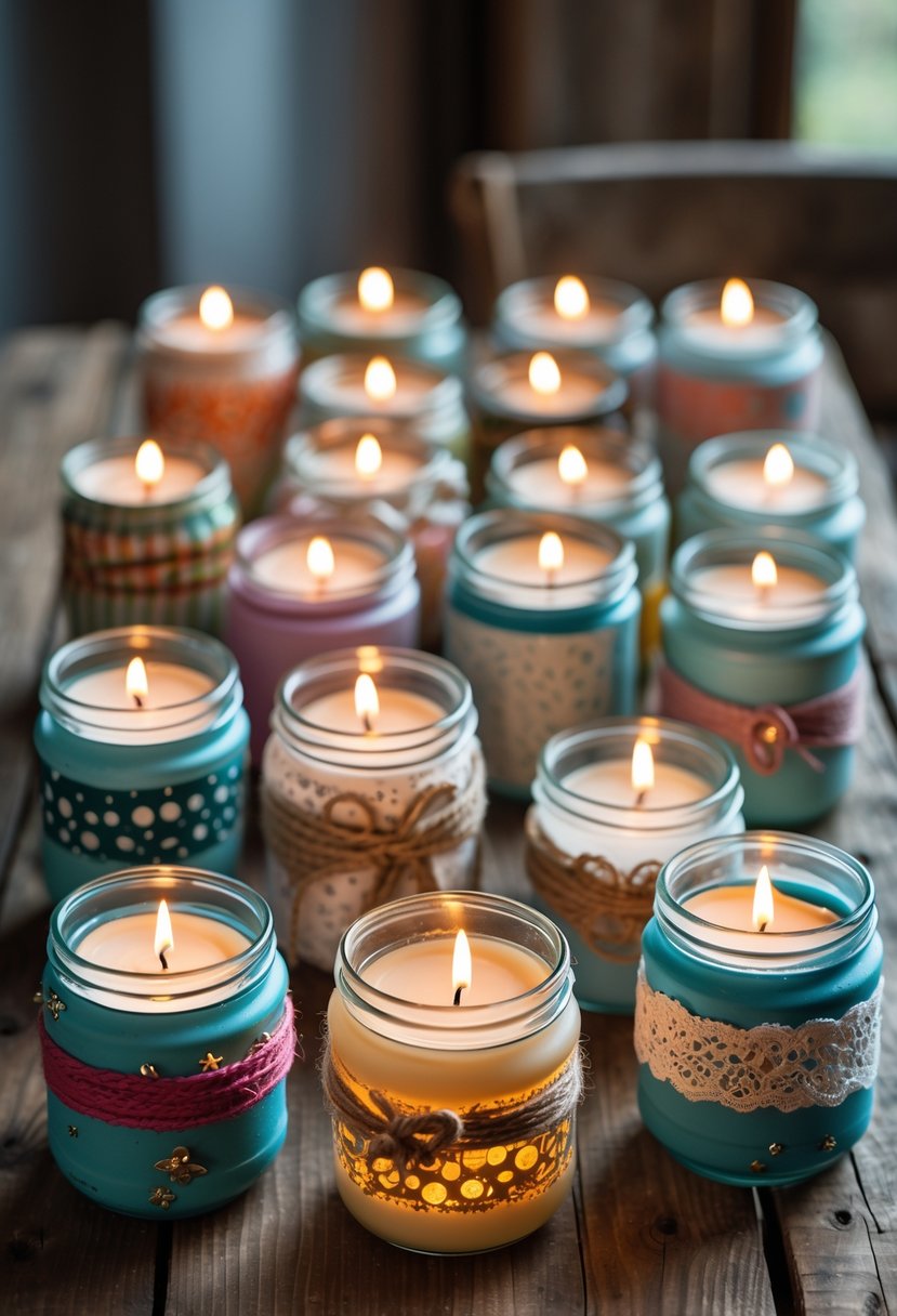 A collection of 14 upcycled candle jars holding lit tea light candles arranged on a wooden table.