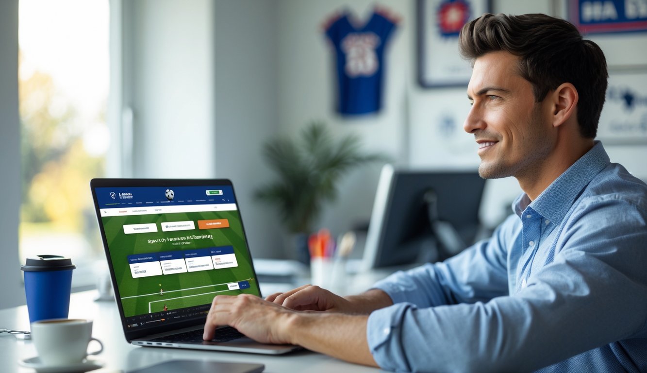 Seorang dewasa muda duduk di meja dengan laptop terbuka, fokus bermain taruhan olahraga online di ruang kerja yang rapi dan terang.