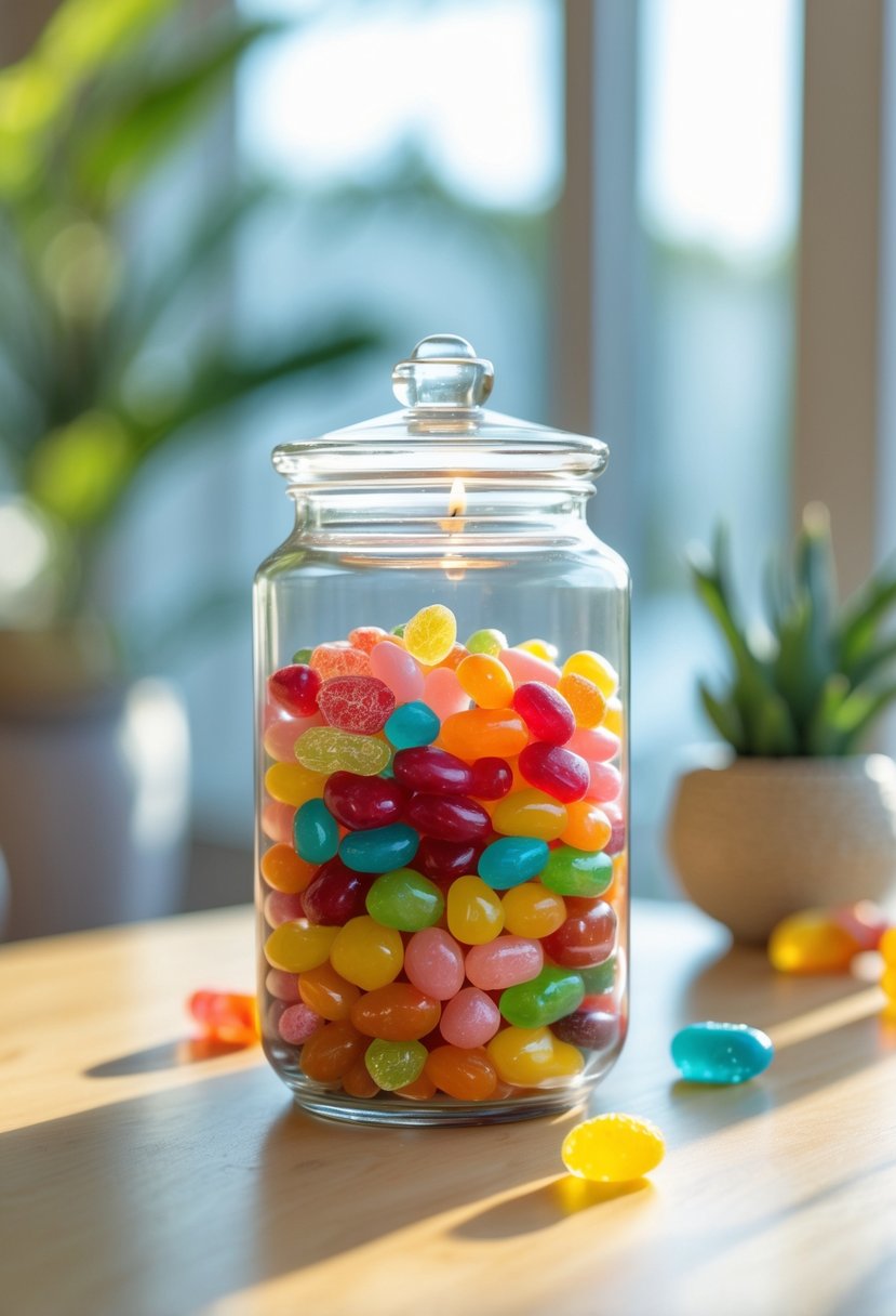 A clear upcycled candle jar used as a decorative candy dish filled with colorful candies on a wooden table with plants in the background.