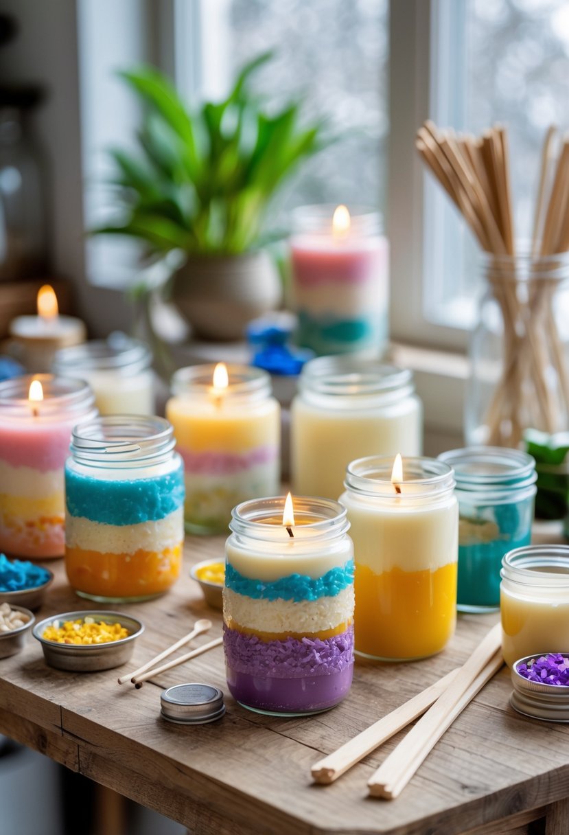 A table with several colorful layered candles made in upcycled glass jars surrounded by candle making supplies.
