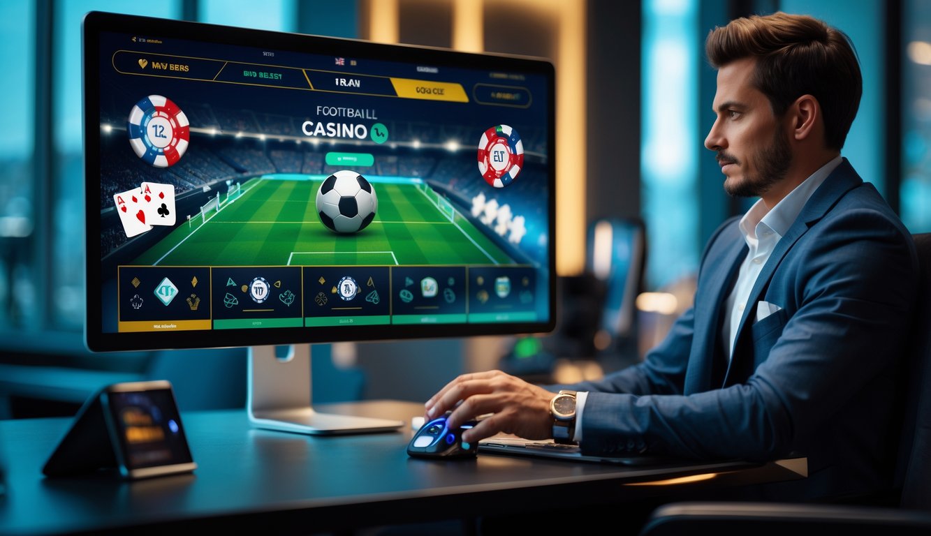 Seseorang menggunakan komputer dengan tampilan grafik sepak bola dan permainan kasino di layar dalam suasana kerja modern.