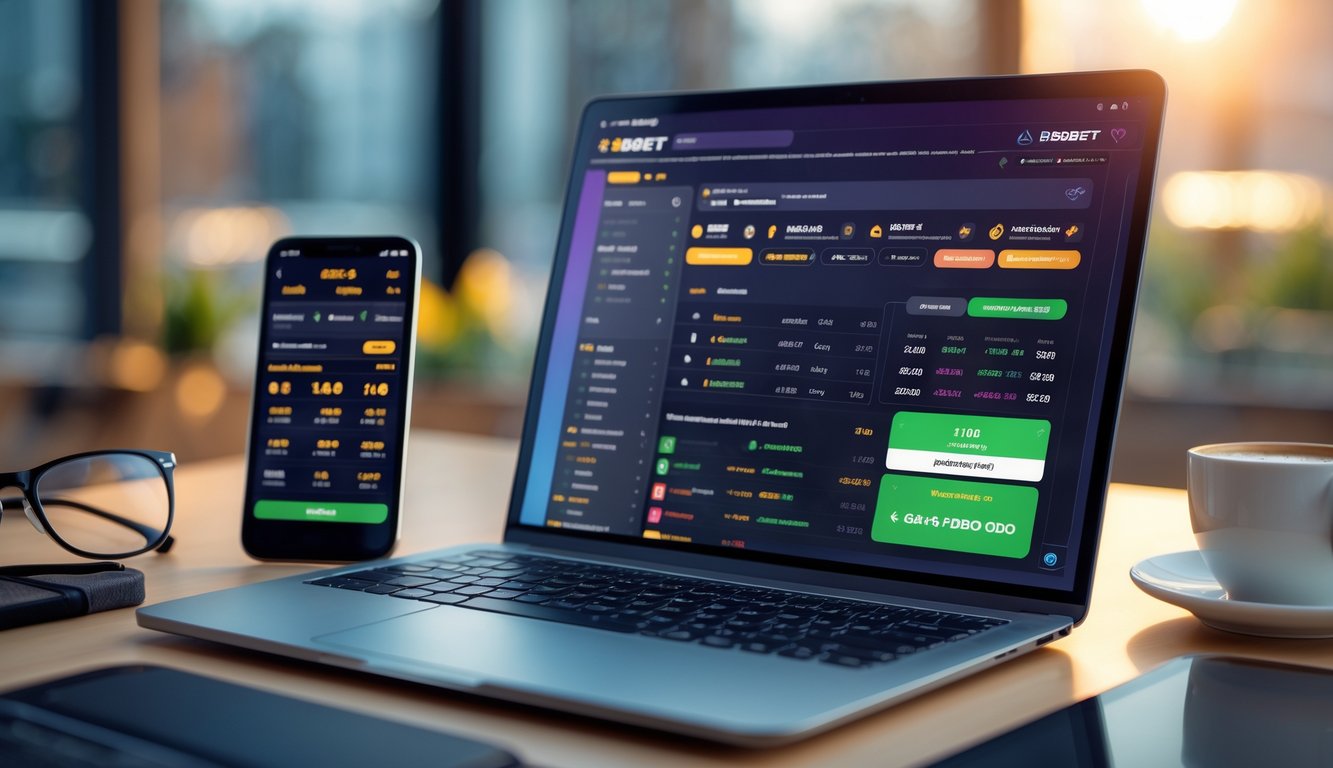Seorang pria menggunakan laptop dan smartphone di meja kerja dengan tampilan antarmuka taruhan olahraga online yang cerah dan modern.