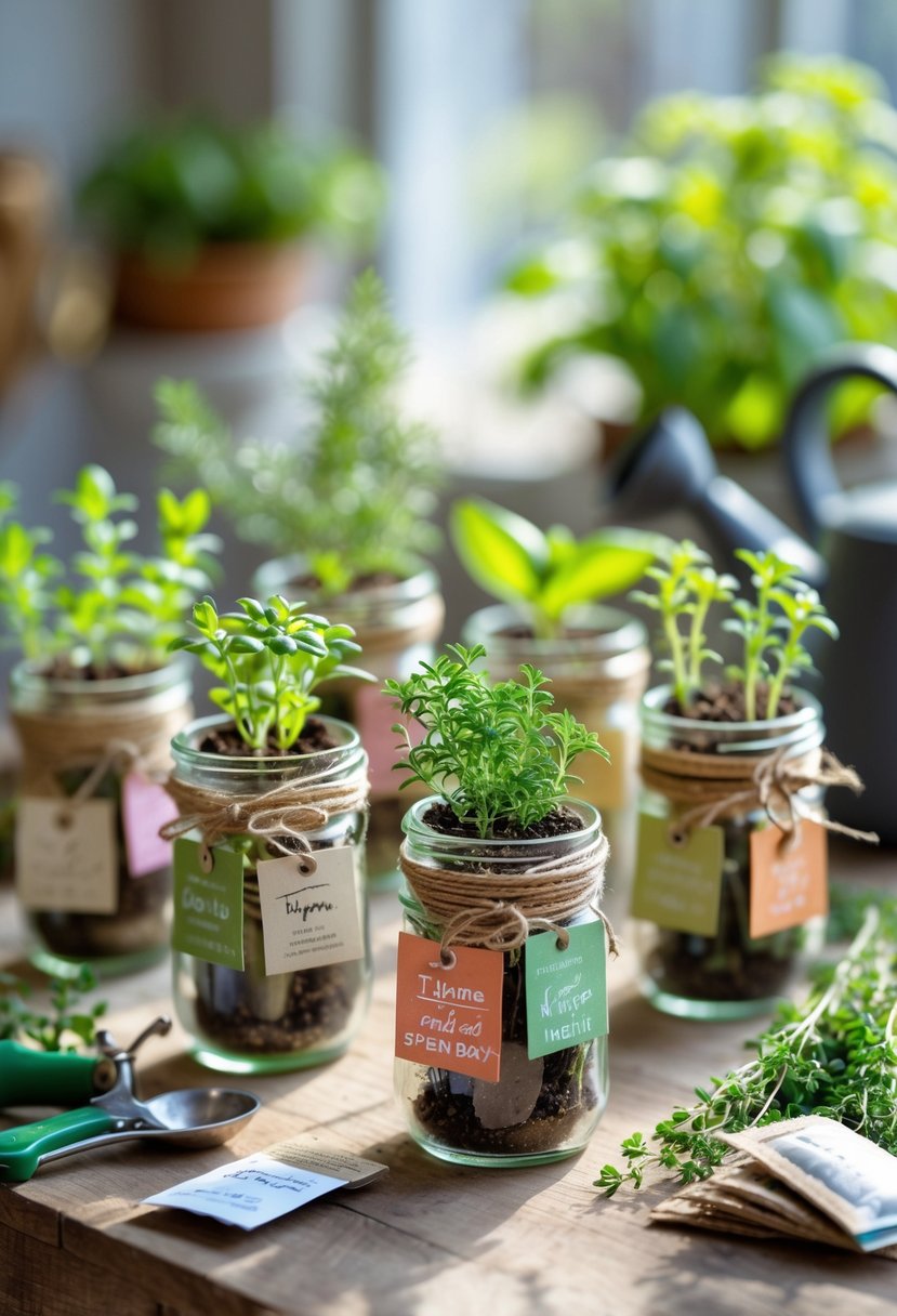 A collection of small herb garden starter pots made from upcycled candle jars with fresh green herbs growing in them on a wooden table.