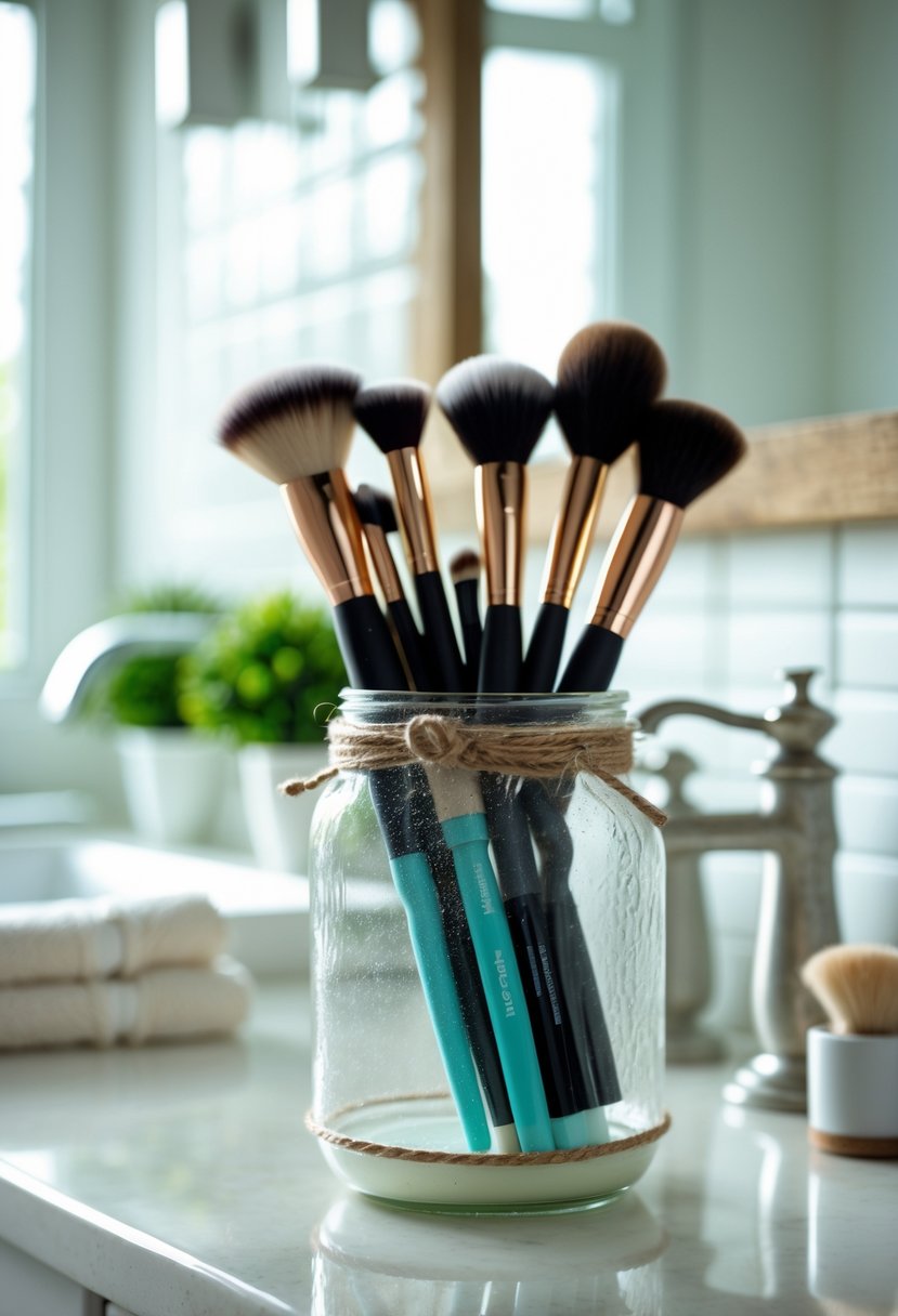 A bathroom countertop with an upcycled candle jar holding makeup brushes, surrounded by a sink, mirror, plants, and towels.