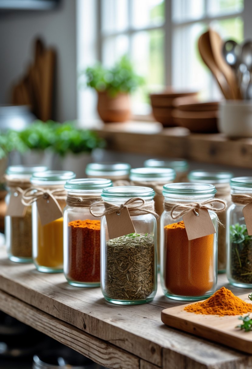 A collection of clear kitchen spice jars made from upcycled candle jars filled with colorful spices on a wooden shelf with fresh herbs and kitchen utensils in the background.