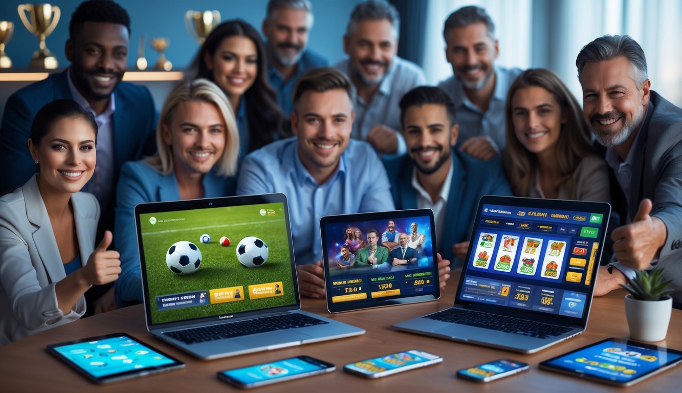 Sekelompok orang menggunakan perangkat digital untuk taruhan olahraga dan permainan kasino secara online di lingkungan modern dan nyaman.