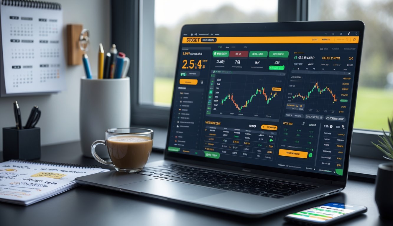 Seorang pria sedang bekerja dengan laptop yang menampilkan situs taruhan olahraga online, di meja terdapat kopi, catatan strategi, dan ponsel dengan aplikasi taruhan.