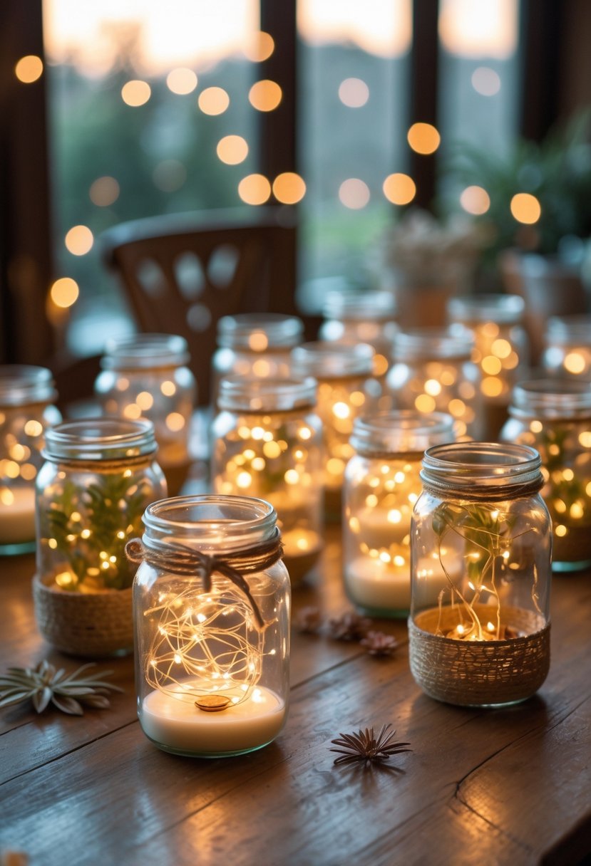 A collection of upcycled candle jars filled with glowing fairy lights arranged on a wooden table.