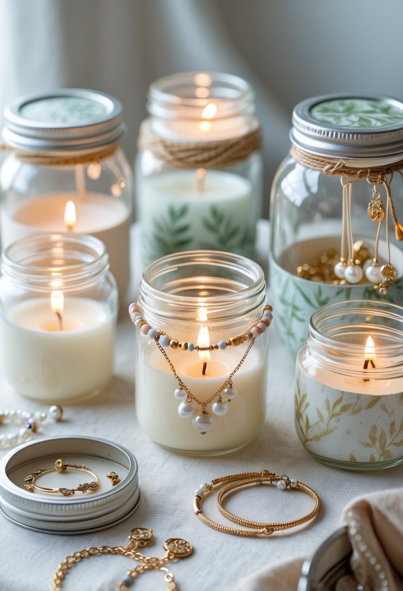 A collection of upcycled candle jars used as jewelry holders with rings, earrings, and bracelets displayed inside and around them on a wooden surface.