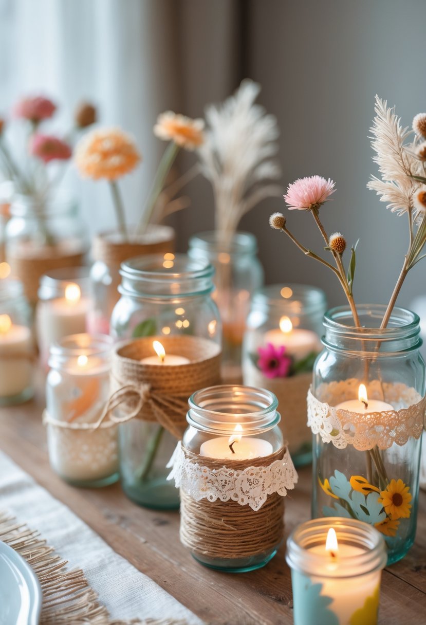 A table displaying several decorated glass candle jars with lit votive candles inside, arranged as party centerpieces.