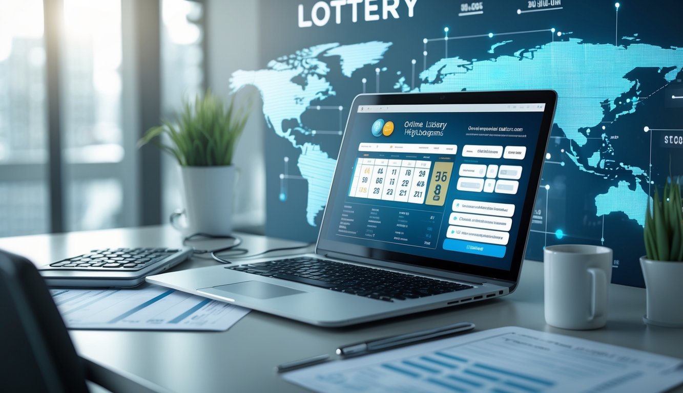 Suasana ruang kerja modern dengan laptop yang menampilkan layar platform togel online, dikelilingi oleh dokumen dan alat hitung, menggambarkan layanan togel online yang terpercaya dan akurat.