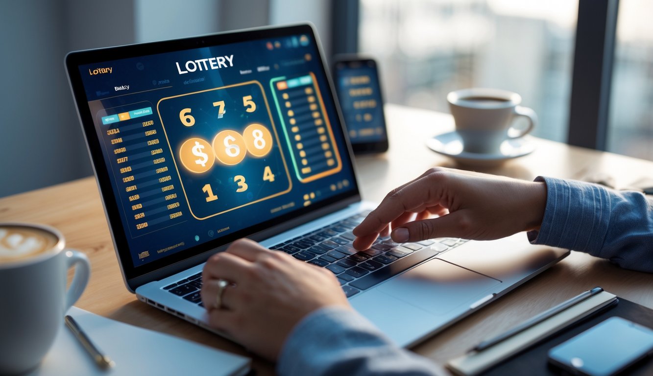 Seseorang menggunakan laptop di meja kerja dengan tampilan angka lotre digital di layar.