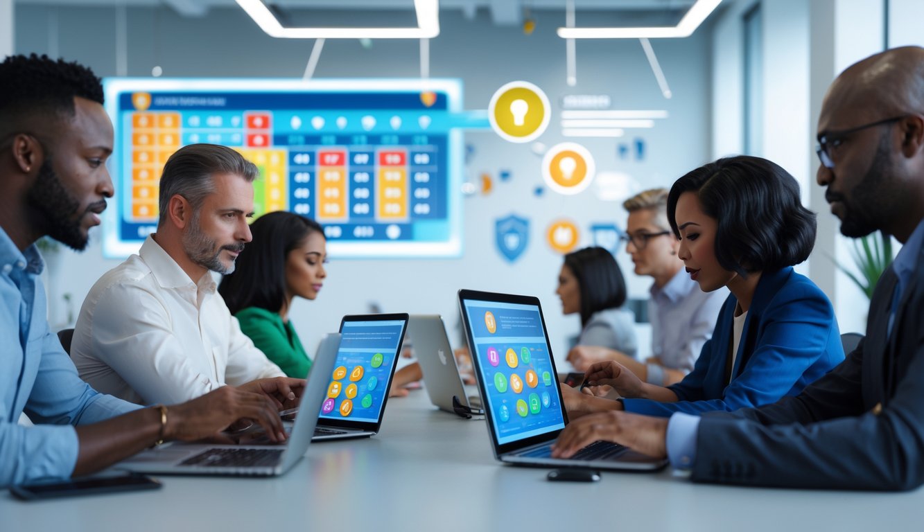 Sekelompok orang menggunakan perangkat digital di ruang kantor modern dengan simbol keamanan digital di latar belakang.